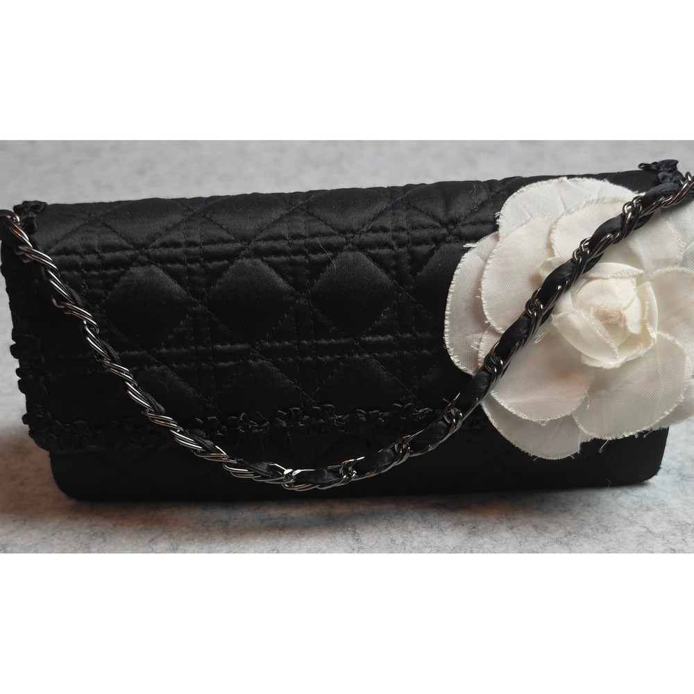 Lorren Bell Dallas TX Black Quilted Satin Camellia Flower Clutch Evening Bag